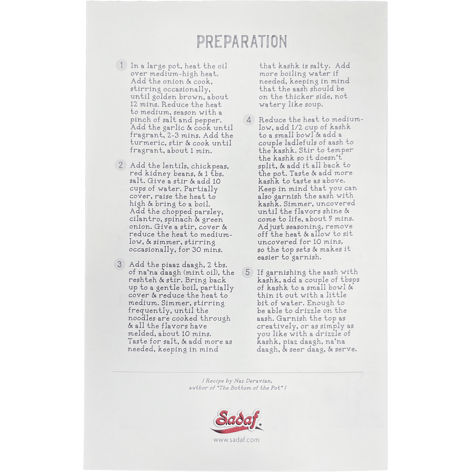Sadaf Aash - E Reshteh Recipe Card (Persian Noodle Soup) - Sadaf.com